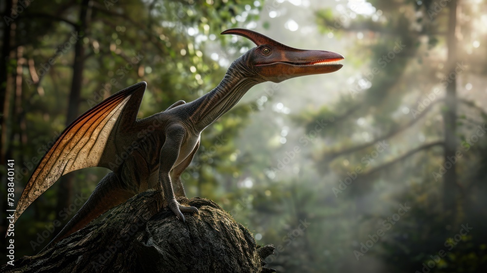 Naklejka premium Flying dinosaur, Pterodactyl, rest on tree in prehistoric forest. Photorealistic.