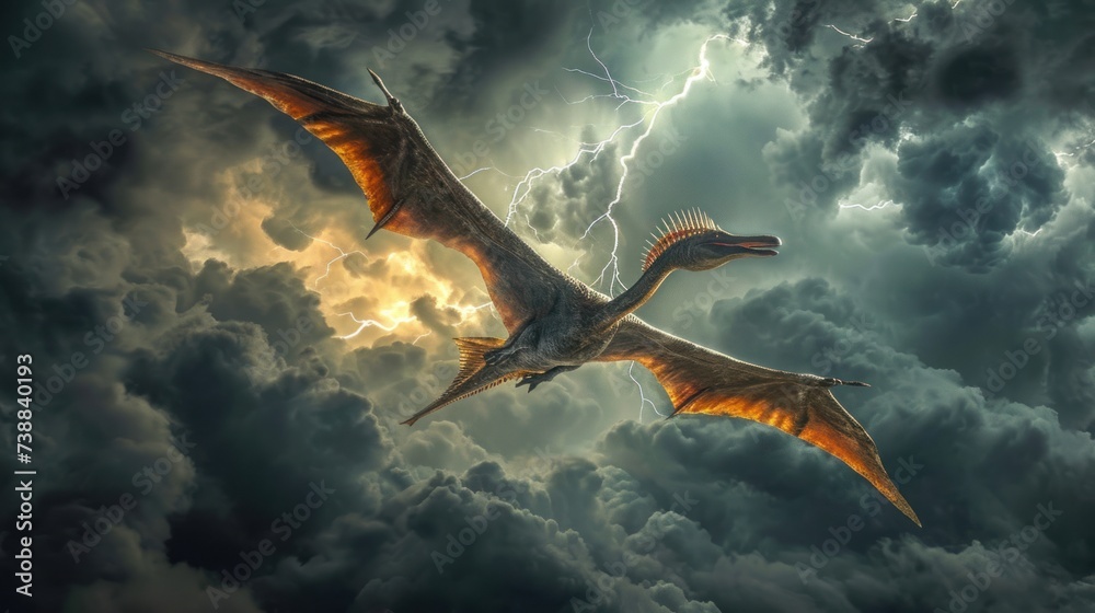 Naklejka premium Flying dinosaur, Pterodactyl, flying in thunderstorm. Photorealistic.