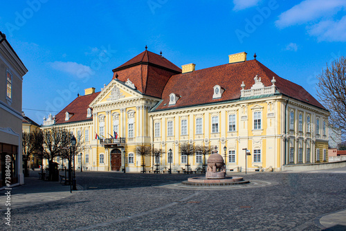 The main square of Szekesfehervar with the Bishop's Palace and the Orszagalma (Globus cruciger).