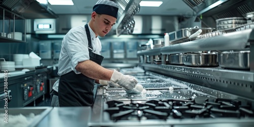 A cook washes the stove in a restaurant kitchen photo