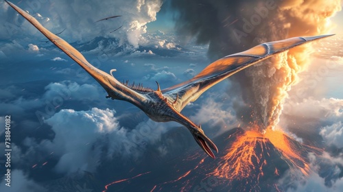 Flying dinosaur, Pterodactyl, flying over an erupting volcano with fire flame smoke in prehistoric environment. Photorealistic. photo