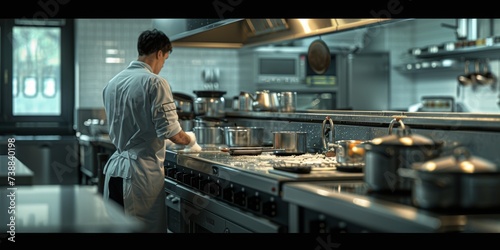 A cook washes the stove in a restaurant kitchen