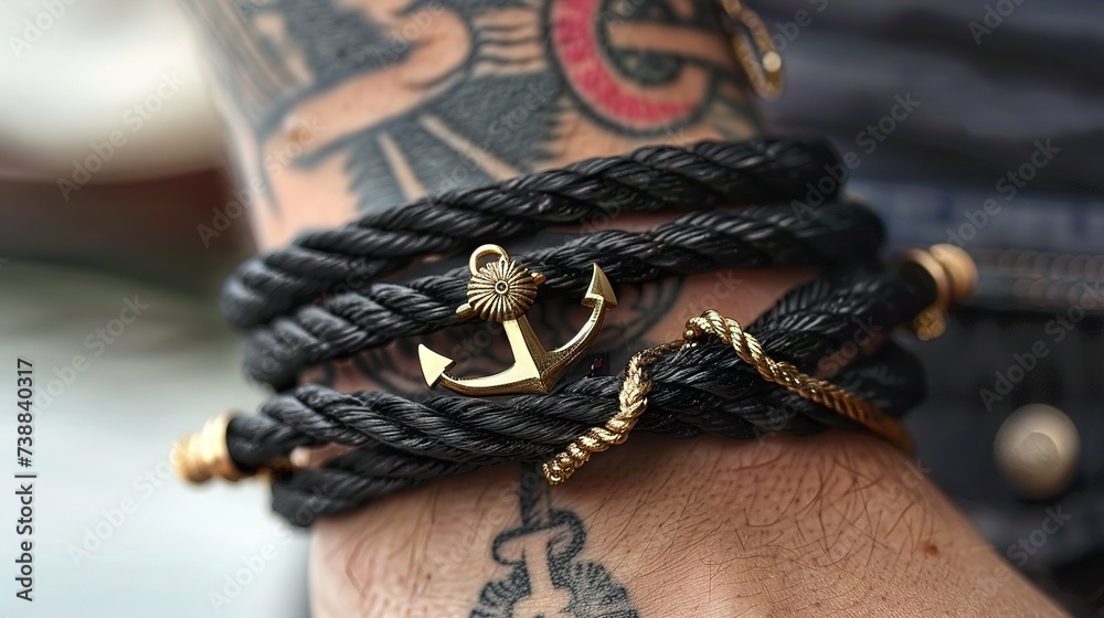 
Nautical rope bracelet with anchor pendant for men with tattooed arms. Ocean lover
