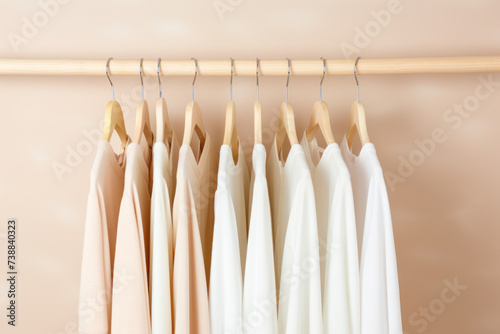 Trendy capsule wardrobe in beige and white on a wooden rail rack.  © July P