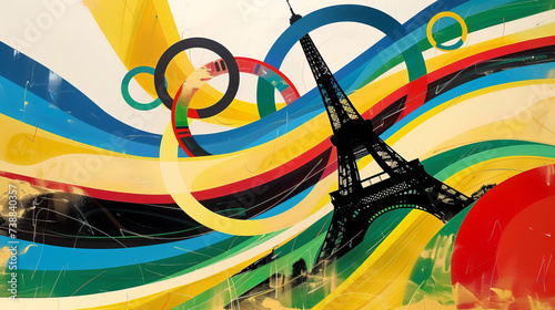 View of the Eiffel tower, Paris France with abstract colorful flowing lines