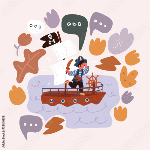 Vector illustration of Cute pirate preschool boy making angry face and slicing camera with his cutlass. High quality photo