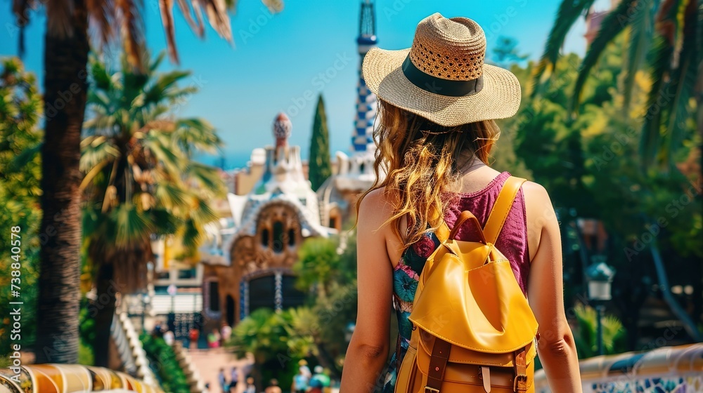 A photo of a beautiful tourist walking through Barcelona in Spain, summer, travel. Parque Güell in the background