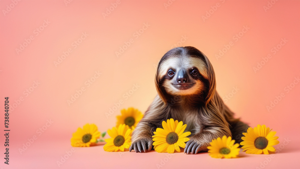 Fototapeta premium Banner with cute sloth animal with chamomile congratulations with Thankgiving, Mother’s Day, Birthday Concept.