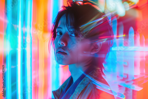 Young Japanese woman overwhelmed with modern life. Colorful light trails. Abstract background image. Created with Generative AI technology