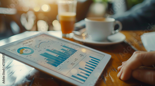 Close-up of a professional's hands reviewing complex financial charts on a digital tablet next to a cup of coffee..