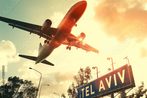 Airplane landing with TEL AVIV sign in the foreground, arriving in Israel, Ben Gurion airport	 photo