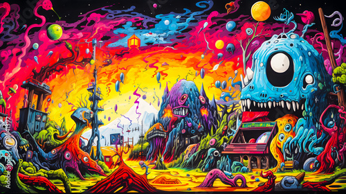Paysage étrange coloré avec des monstres