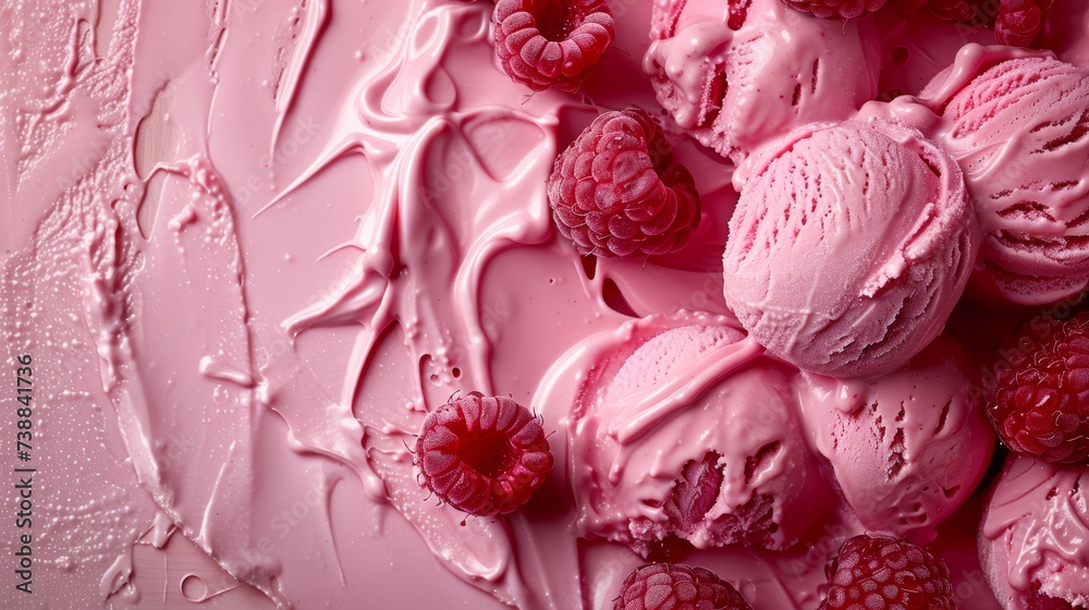 Raspberry ice cream texture, background on top of raspberry ice cream tray. Raspberries and and pieces of berries on ice cream. Raspberry ice cream texture, background on top of raspberry ice cream tray. Raspberries and and pieces of berries on ice cream.