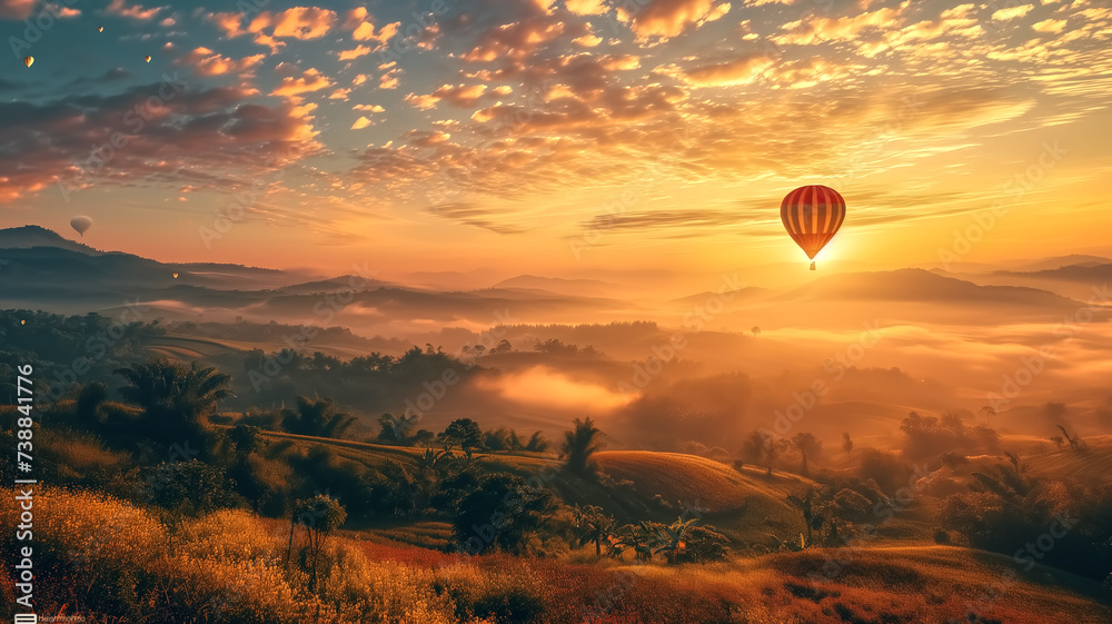 Serene sunrise landscape with hot air balloons floating above mist-covered hills and a colorful sky.
