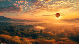 Serene sunrise landscape with hot air balloons floating above mist-covered hills and a colorful sky.
