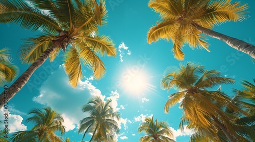 looking up a group of palm trees and the sun