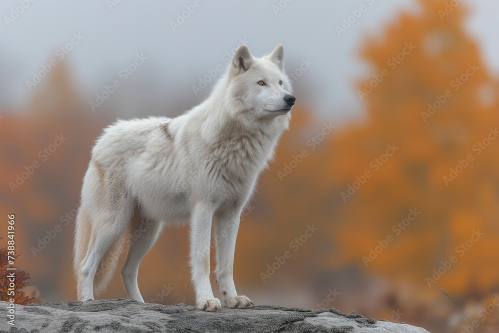 Obraz premium A majestic white wolf, a mix of dog and wild coyote, stands proudly on a rugged rock, its piercing gaze exuding strength and freedom in the untamed outdoors