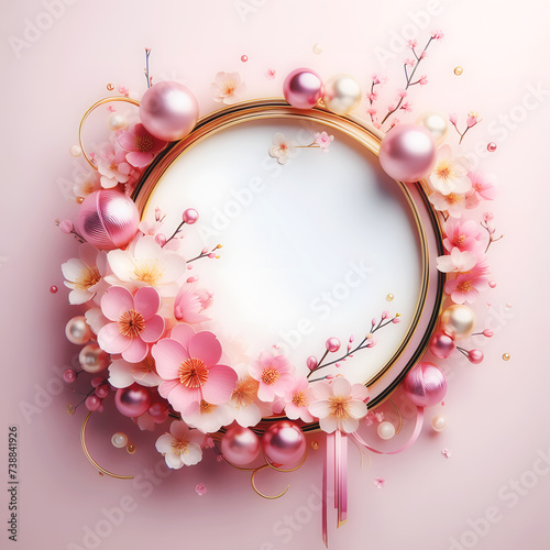 Pink Cherry Blossom Frame border card with cherry blossom, or sakura flower and pink colors balloons and  luxury ai generated 3d realistic style