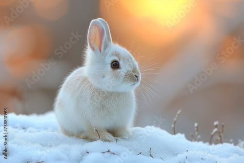 A fluffy domestic rabbit finds solace in the snowy field, embracing the peacefulness of winter as it sits calmly among the white flakes