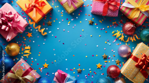 A festive assortment of colorful gifts and decorations on a blue background, a place to copy, a banner, a birthday greeting