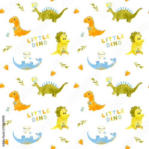 Seamless pattern with watercolor cute little dinosaurs. Cartoon childish prehistoric reptile print in blue  yellow  green colors. Perfect for baby kid fabric textile and wrapping paper.