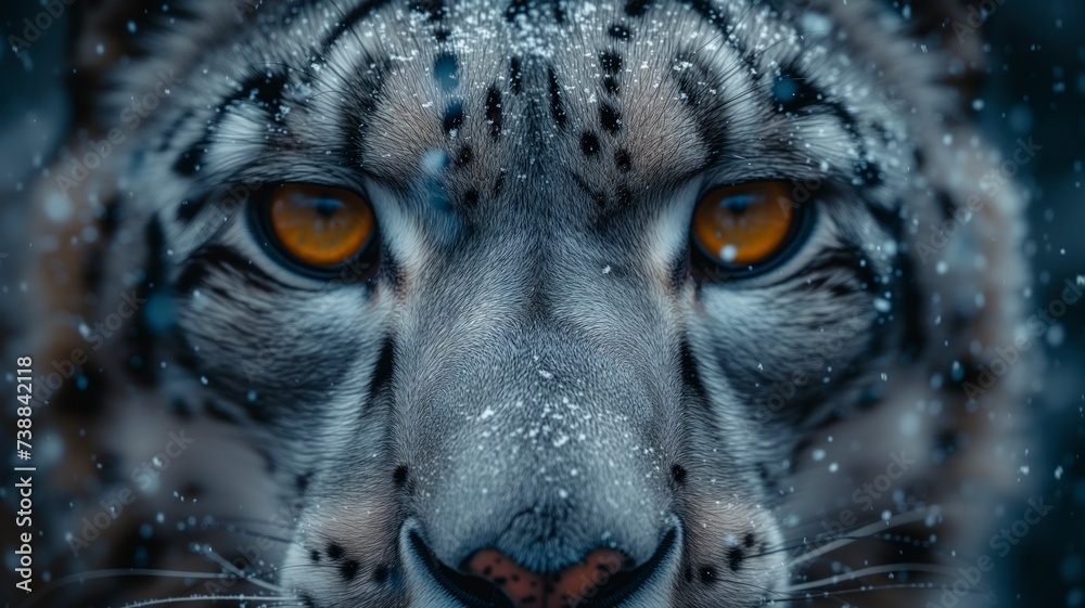 A fierce and majestic bengal tiger, with striking blue eyes and a coat of snow-white fur, gazes directly at the camera with its powerful snout and delicate whiskers, embodying the wild and untamed be