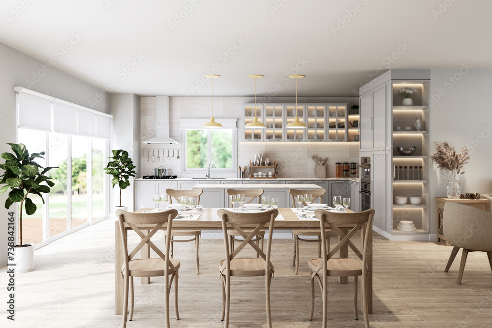 Modern luxury vintage style dining room and kitchen interior 3d render, There are wooden floor ,decorated with wooden furniture, large window overlooking nature view