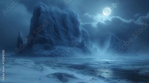 An ethereal landscape of misty fog enveloping a snow-capped mountain, illuminated by the tranquil glow of the moon against a serene backdrop of sky and water