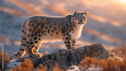 A majestic snow leopard stands tall on a rocky outcrop, its thick fur blending into the wintry landscape as it gazes out with fierce, piercing eyes, embodying the untamed spirit of the wild