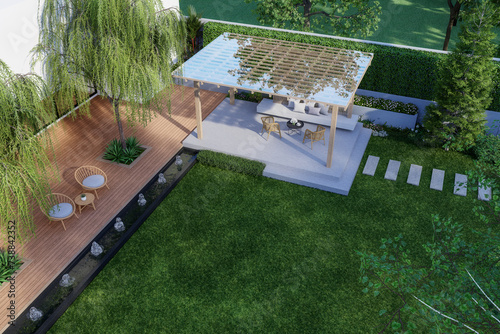 Fototapeta Naklejka Na Ścianę i Meble -  Top view of modern contemporary style green garden with wooden terrace and glass roof pavilion 3d render, there are empty green lawn decorated with black tiled pond with fountain.