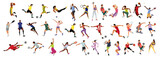 Collection of different men and women performing various sports activities, playing basketball, volleyball, tennis, soccer, football, running. Vector illustrations on transparent background.
