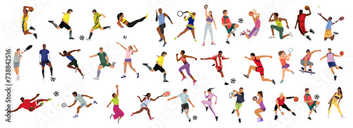 Collection of different men and women performing various sports activities, playing basketball, volleyball, tennis, soccer, football, running. Vector illustrations on transparent background.