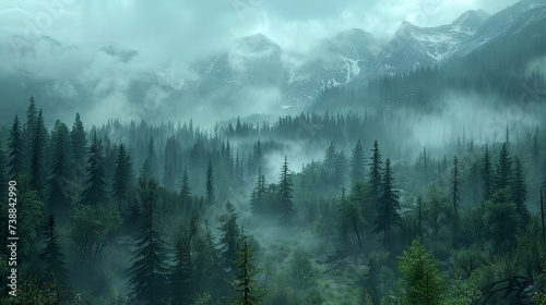 Misty landscape of fir forest in Canada © toomi123
