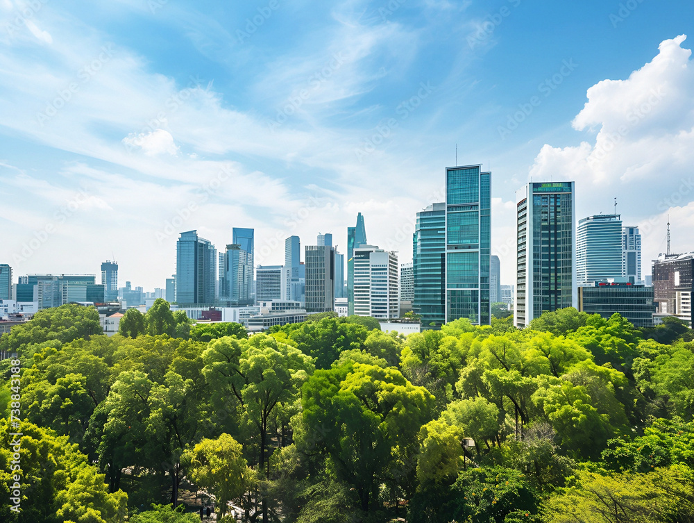 Beautiful urban city skyline with tall modern skyscrapers and lush green trees on a sunny day