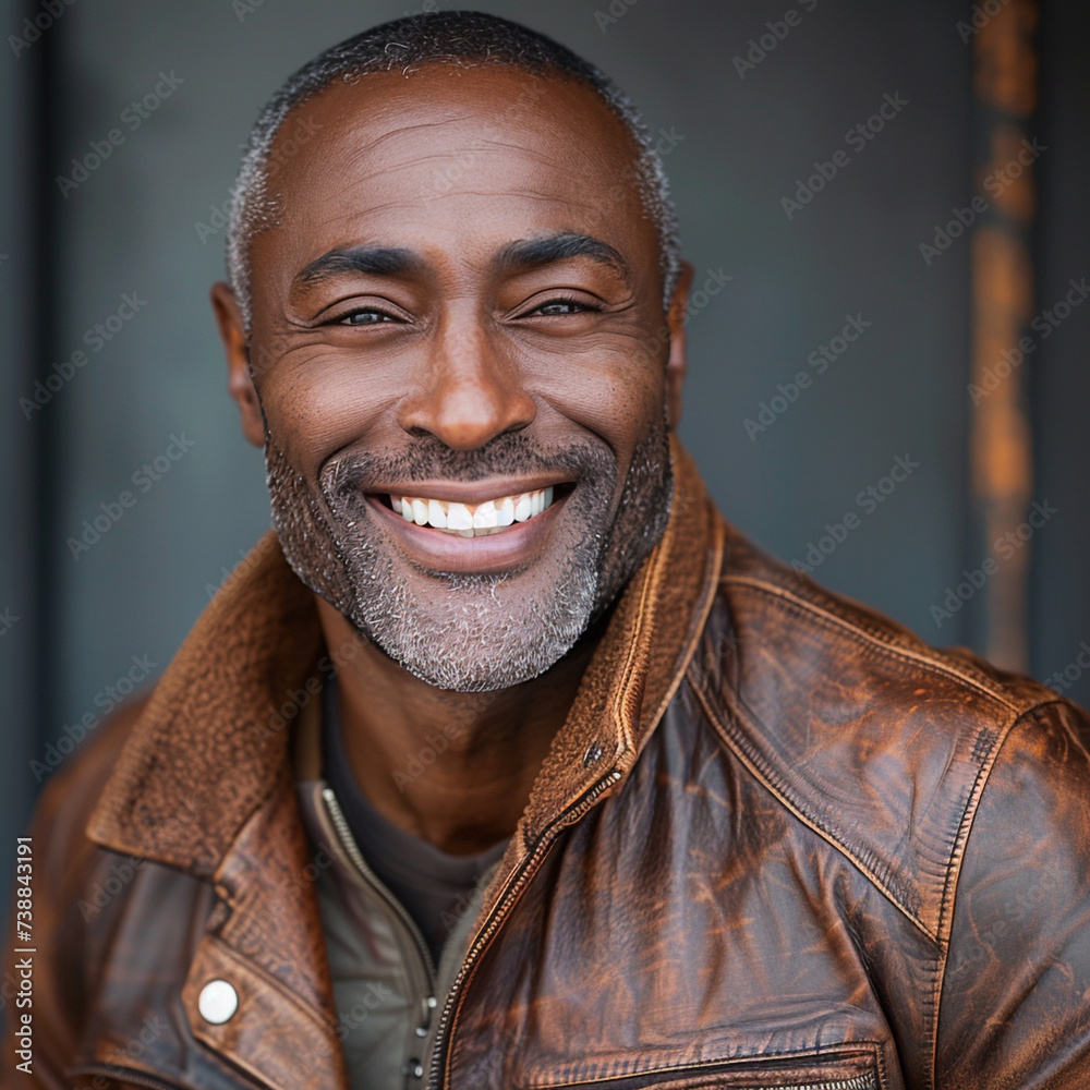 An attractive black male model, middle age, white hair, wearing a brown leather bomber jacket. Masculinity, happy, confident, smiling. An attractive black male model, middle age, white hair, wearing a brown leather bomber jacket. Masculinity, happy, confident, smiling.