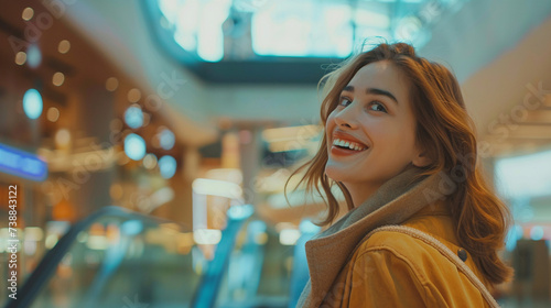 Happy young woman in shopping mall portrait. 