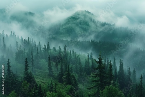 Misty landscape of fir forest in Canada #738843123