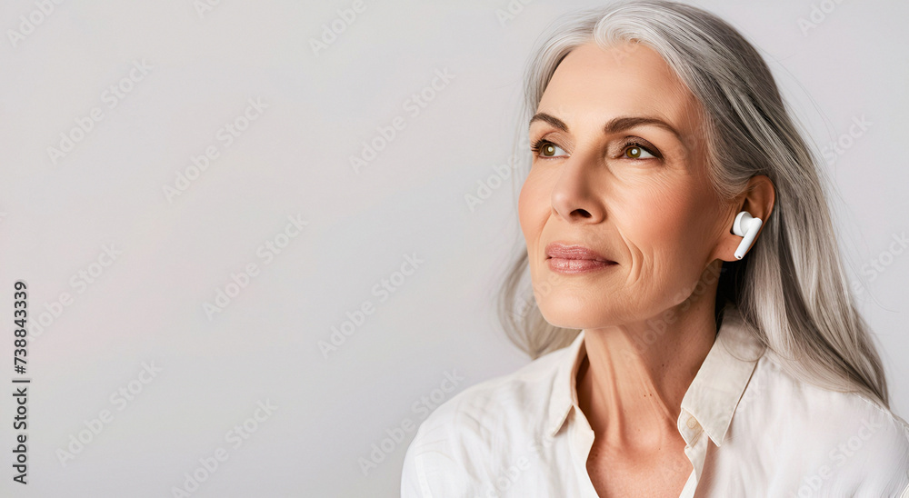 Mature Woman Wearing Wireless In Ear Headphones Mature Woman Wearing Wireless In Ear Headphones