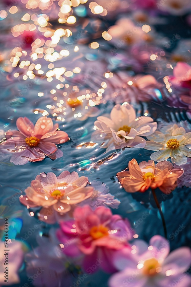 Colorful Blossoms Floating on Rippled Water Surface