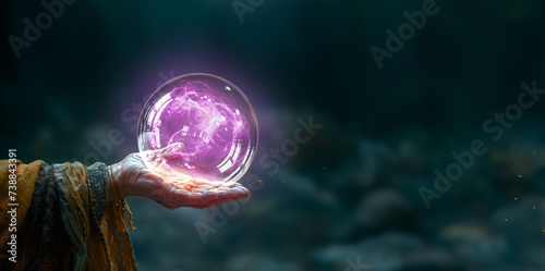 main de voyante qui tient une boule de cristal remplie de fumée - fond bleu foncé photo