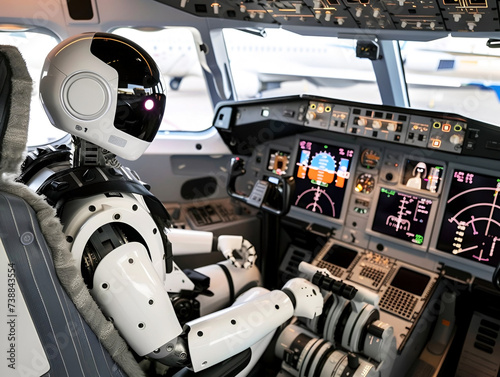 A robot with artificial intelligence sits in the cockpit of an airplane and controls the plane