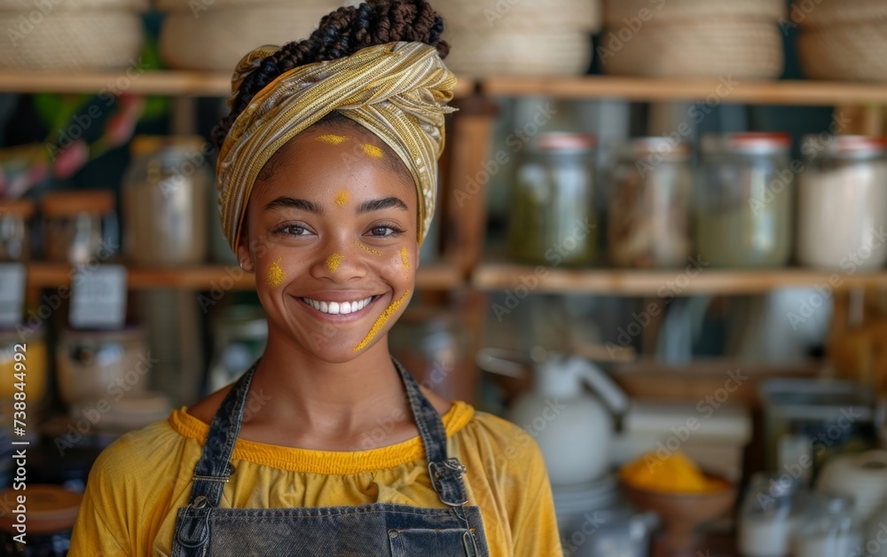 Young eco-conscious entrepreneur proudly sells zero waste containers at her African retail shop, promoting a sustainable lifestyle with a smile.