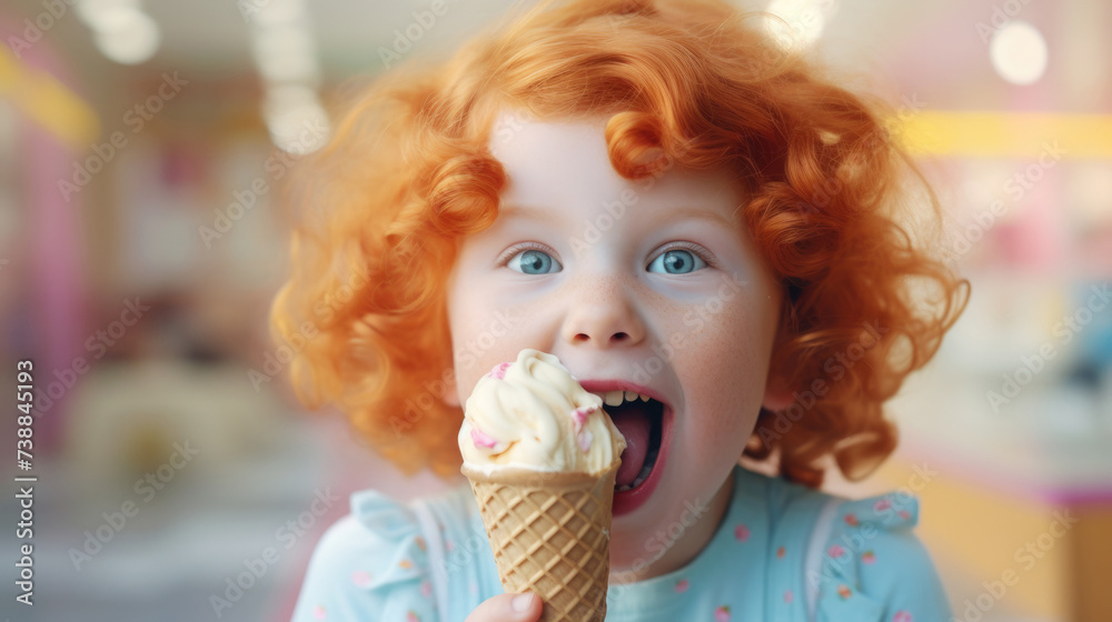 Redhead little kid portrait enjoying vibrant color ice cream cone, copy space