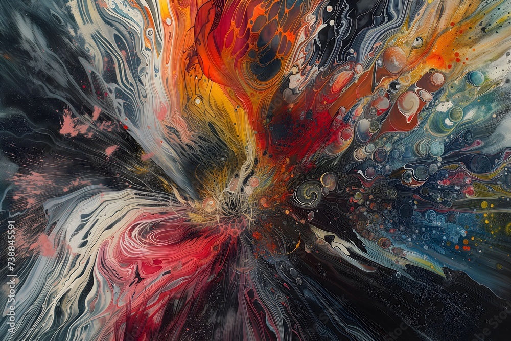 Naklejka premium Abstract Cosmic Explosion with Vivid Colors and Dynamic Swirls, Artistic Background or Creative Concept