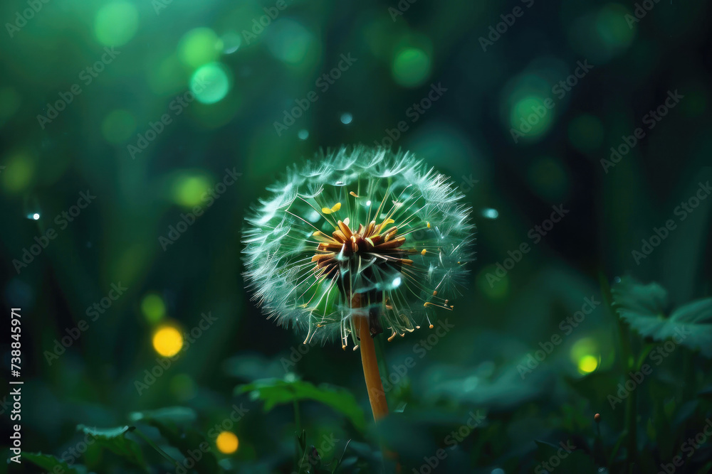 White ball of dandelion with flying parachutes in a green dusky meadow. AI generative White ball of dandelion with flying parachutes in a green dusky meadow. AI generative