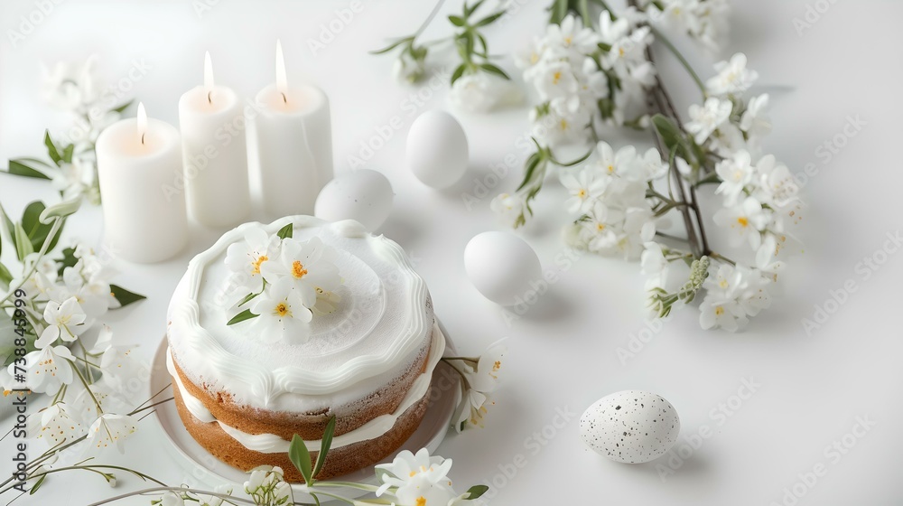 Elegant spring dessert setup with candles and blossoms. ideal for celebrations. clean and serene scenery. festive composition. AI Elegant spring dessert setup with candles and blossoms. ideal for celebrations. clean and serene scenery. festive composition. AI