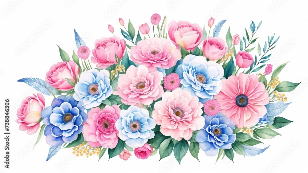 Watercolor vintage floral composition Pink and blue Floral Bouquet Flowers and Feathers Isolated. AI Generated