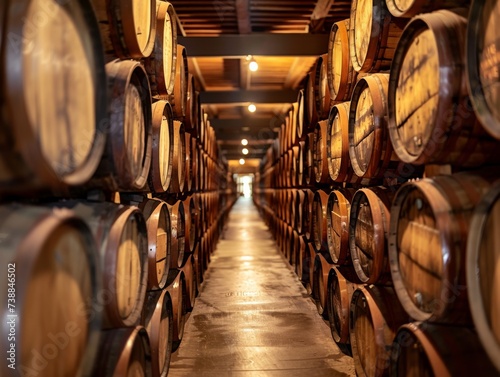 Wine barrels in an aging facility