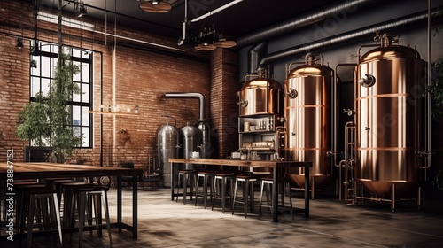 Copper brewery. Distillery. Modern  beer plant with brewering kettles, tubes and tanks. Microbrewery