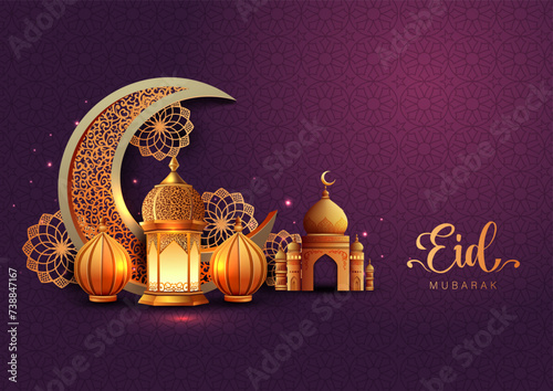 Eid Mubarak Muslim art greetings with golden mosque and maroon background wallpaper. abstract vector illustration design.